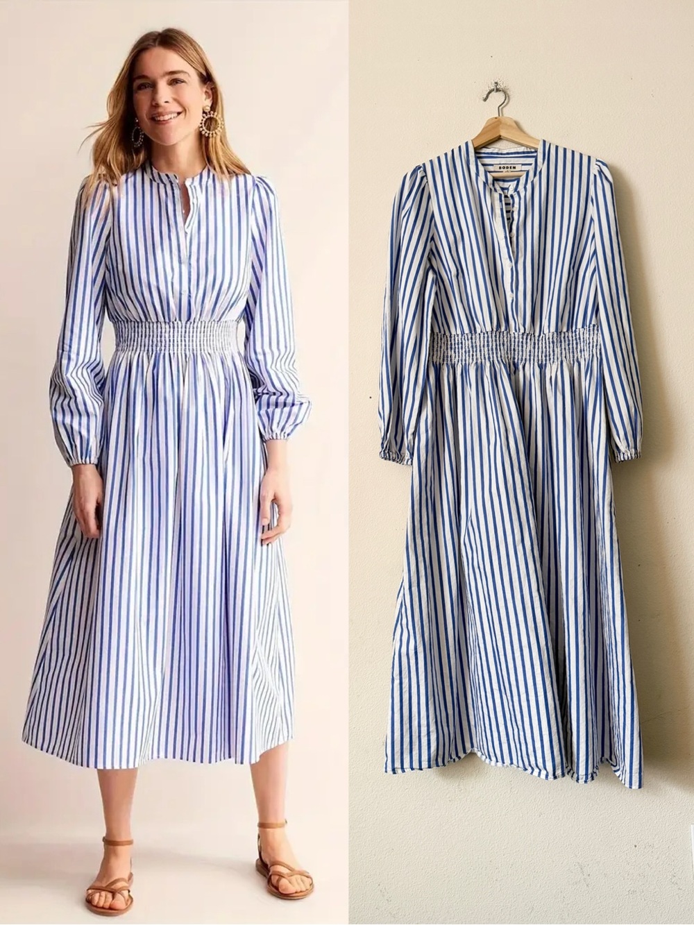 Boden SIZE 16-18 smocked waist blue white striped long sleeve cotton midi dress